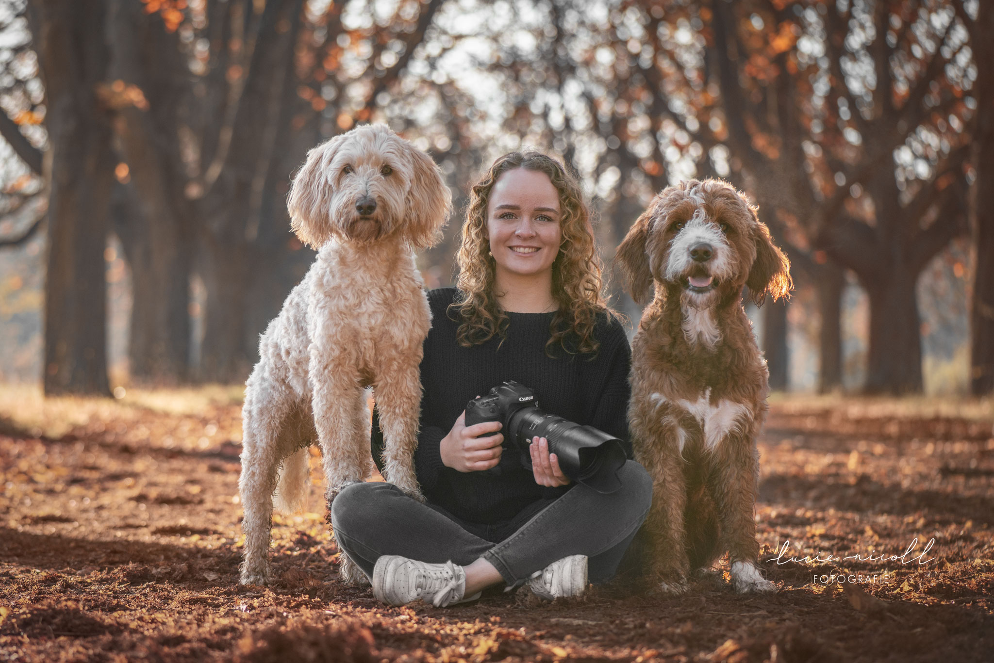 Fotografie von einem Mädchen mit ihrer Kamera und zwei Hunden